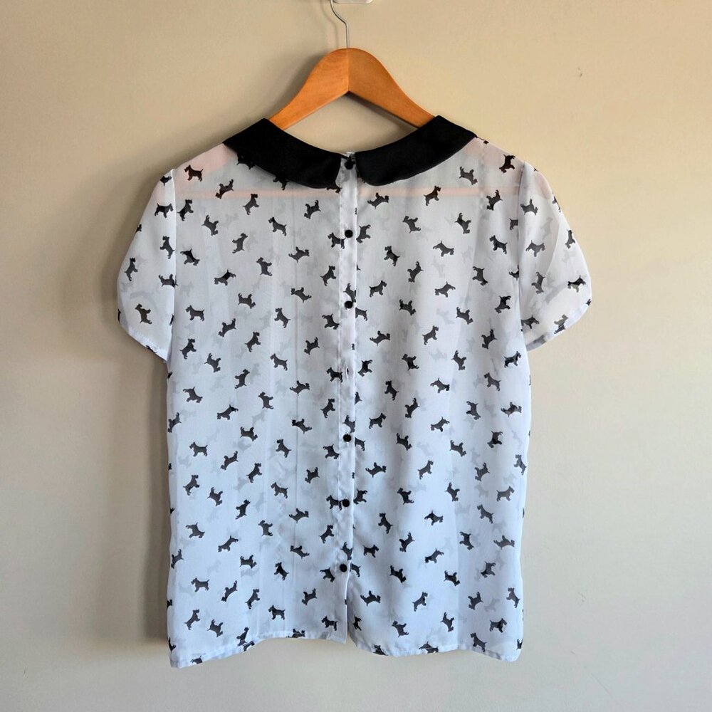 Peter Pan Collar Grey Dogs Pattern Blouse Short Sleeve Top - Picture 3 of 9